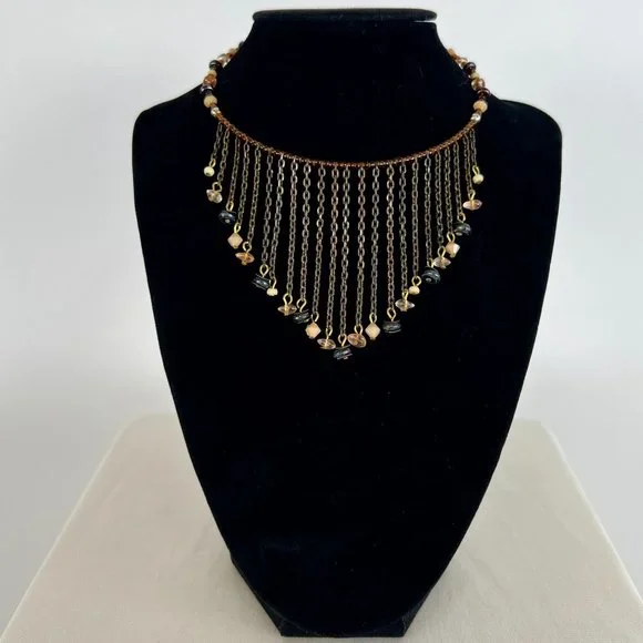 Vintage Y2K Brown Beaded Tassel Choker Necklace - Bohemian Fairy Grunge Jewelry - Picture 2 of 4